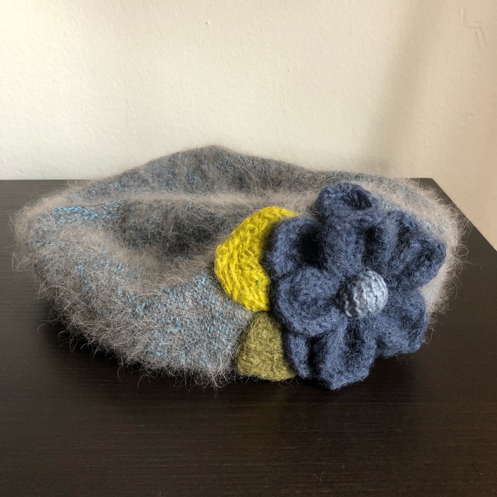 Anthropologie Knit Floral Fuzzy Angora Beret Hat
